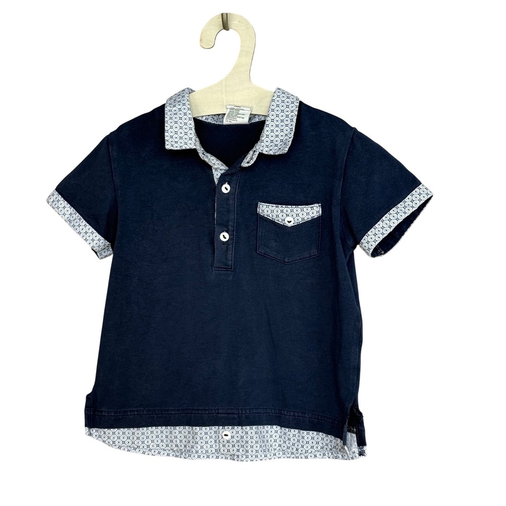 Sarah‎ Louise Girl's Polo Shirt Size 2Y Navy Blue Cotton Blend Geometric Trim
